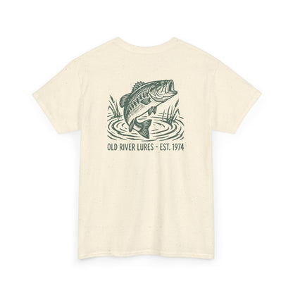 natural bass fishing shirt back view with old river lures graphic