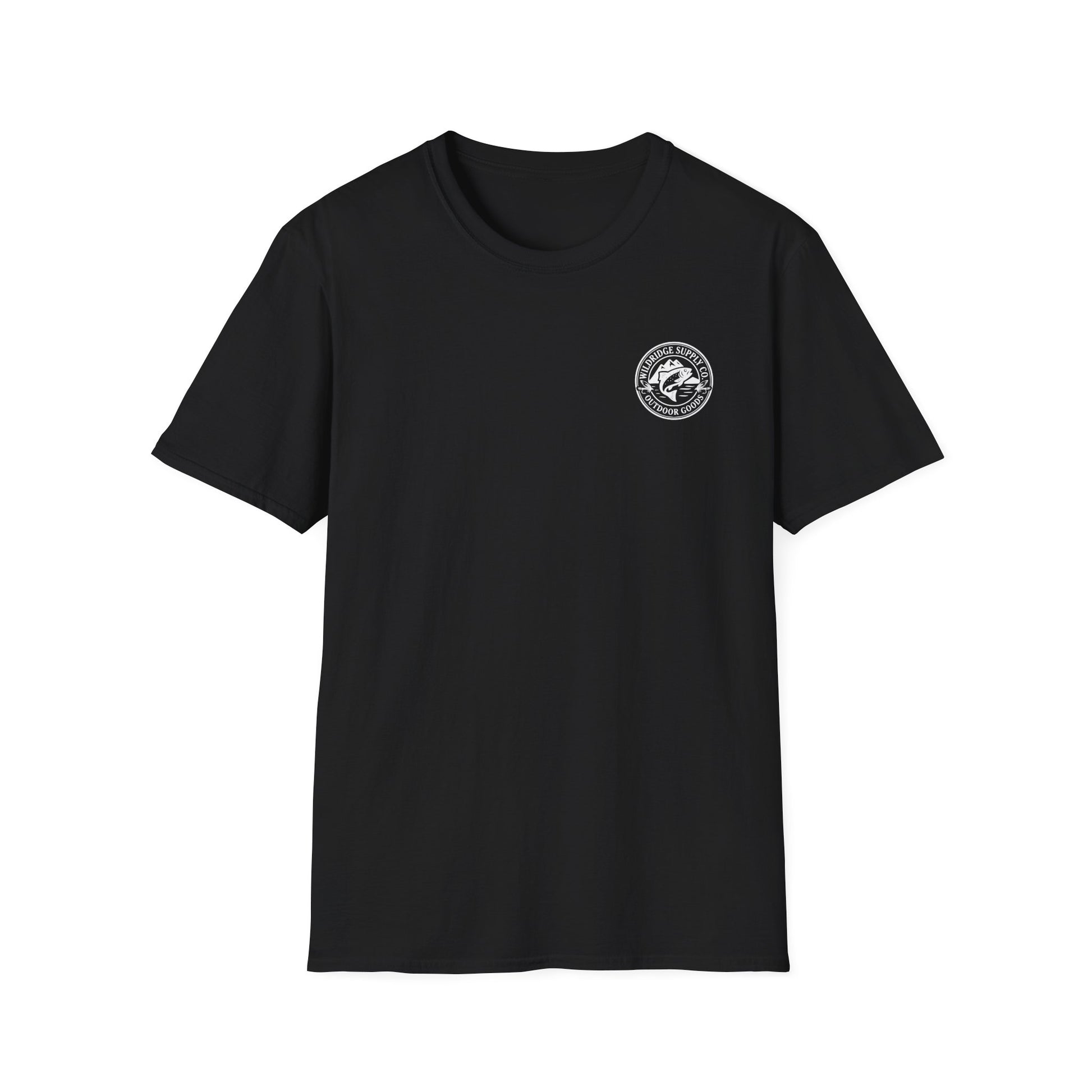 Black t-shirt with a logo on the chest against a white background