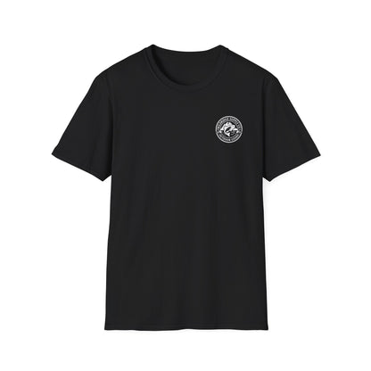 Black t-shirt with a logo on the chest against a white background