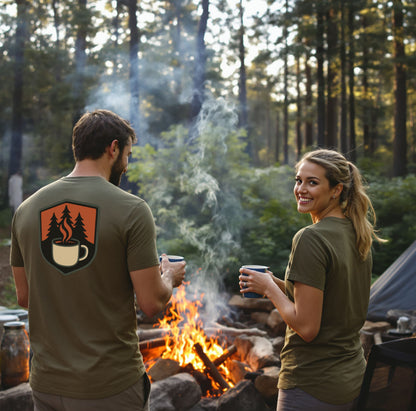 man and woman standing with campfire and coffee mugs