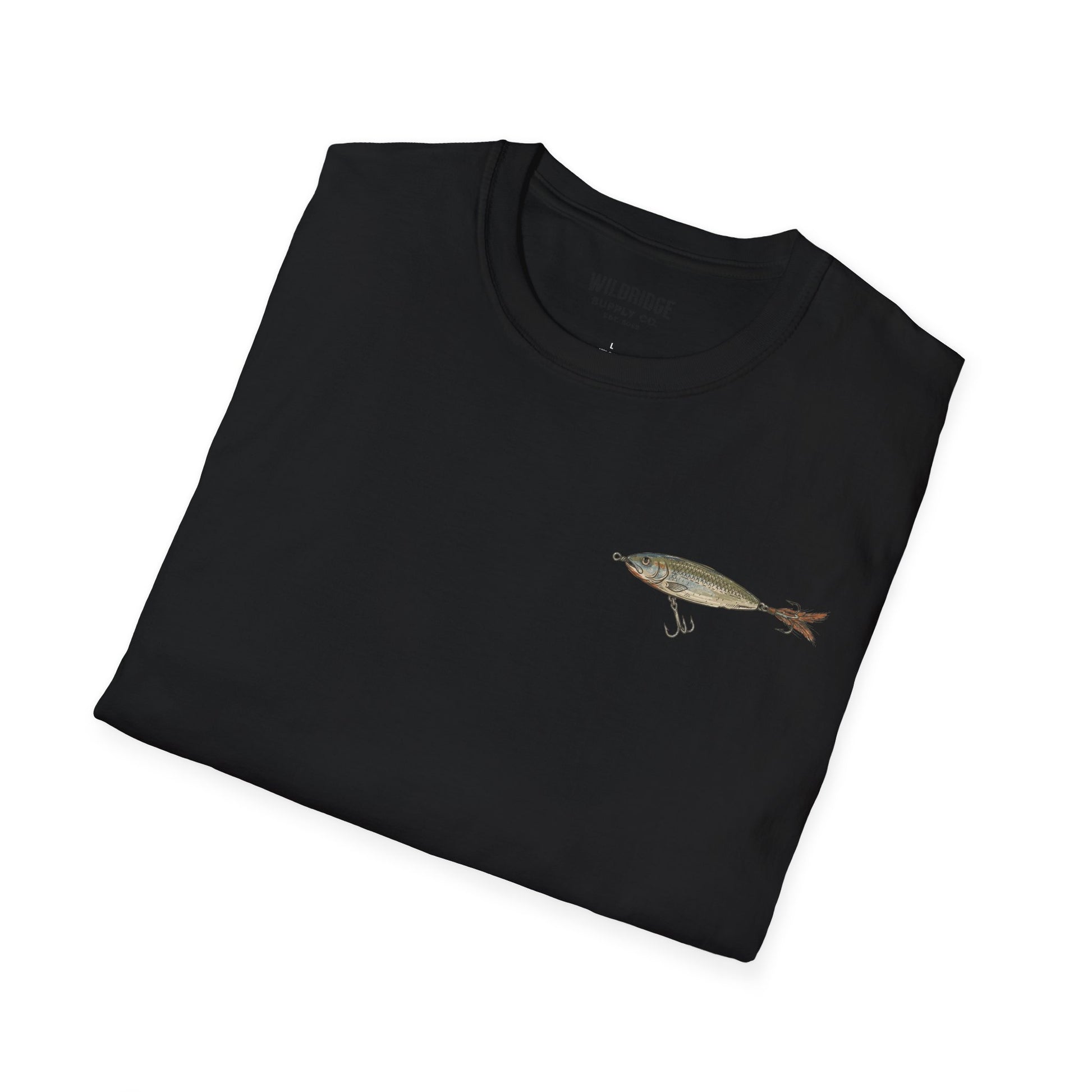 Folded black t-shirt with a fish and lure graphic.