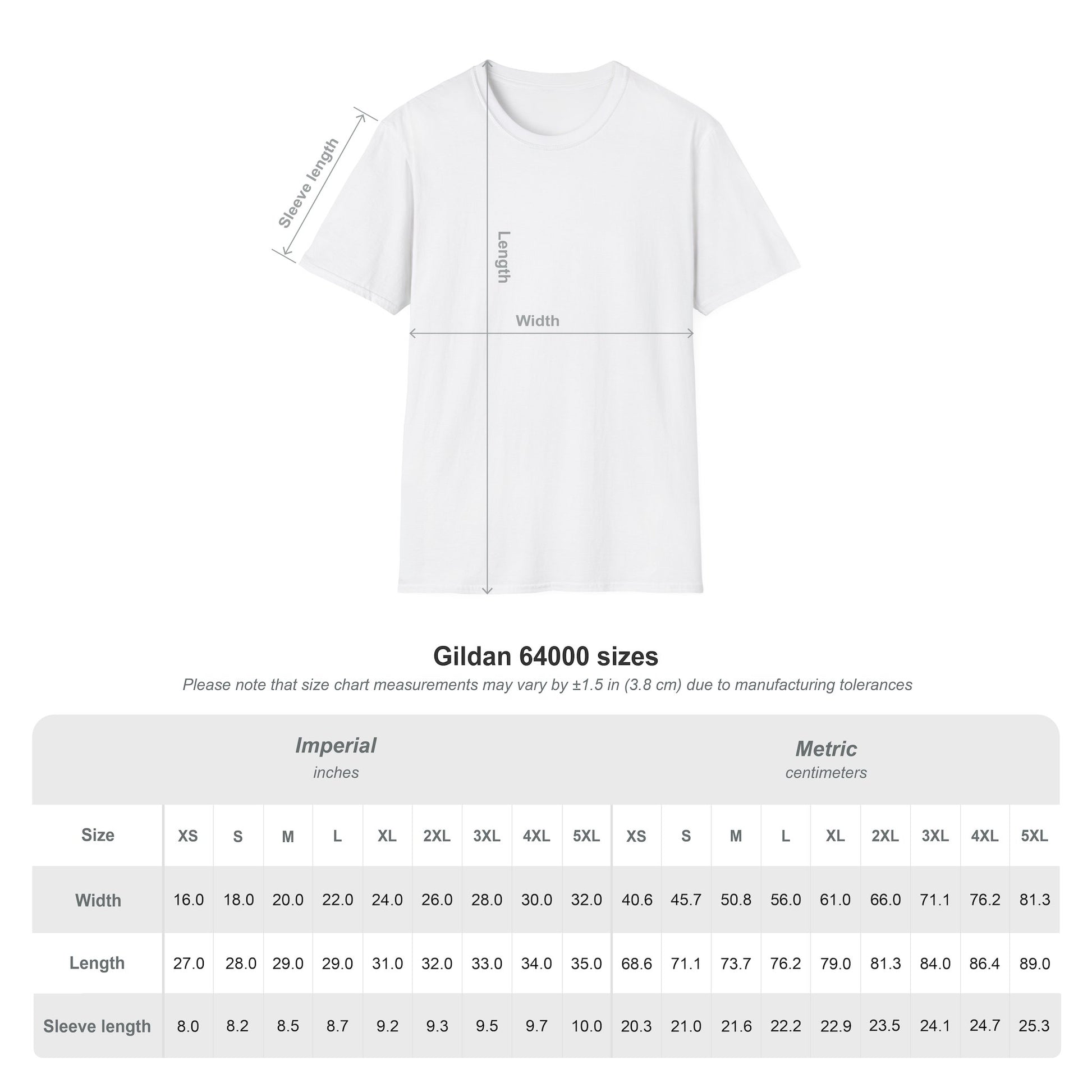 White fishing t-shirt with size chart measurements on a white background