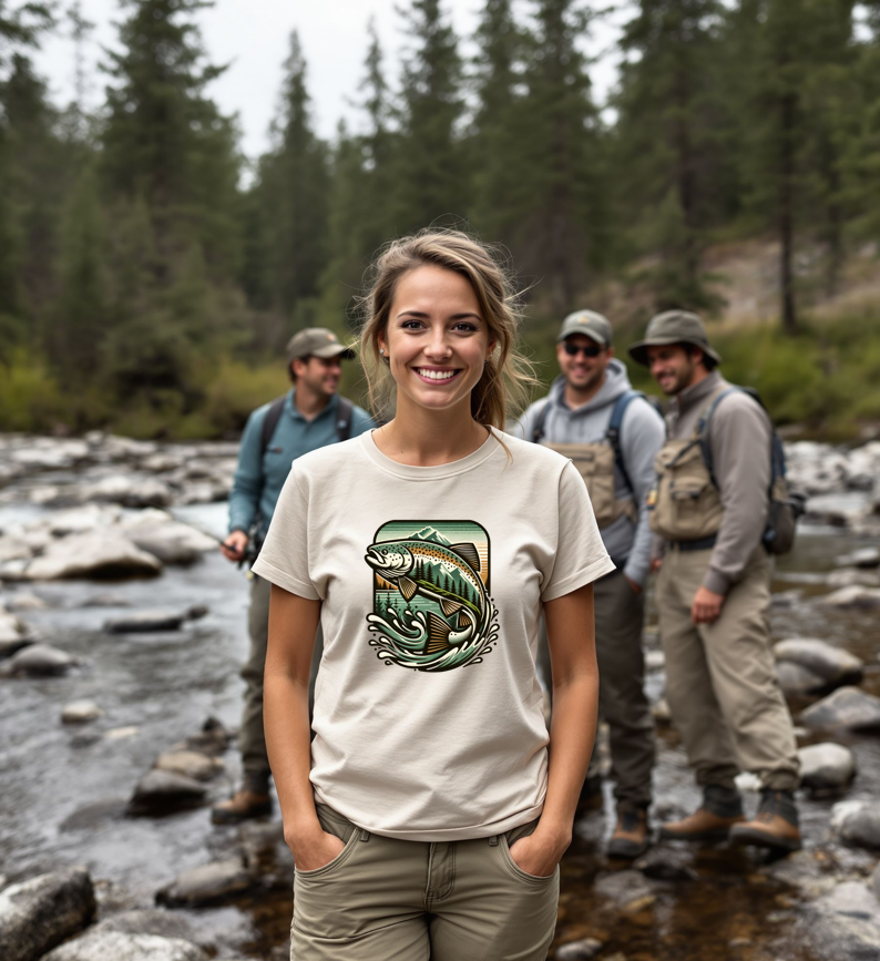 Woman wearing a t-shirt with a fish design in a forest setting with three men in the background.