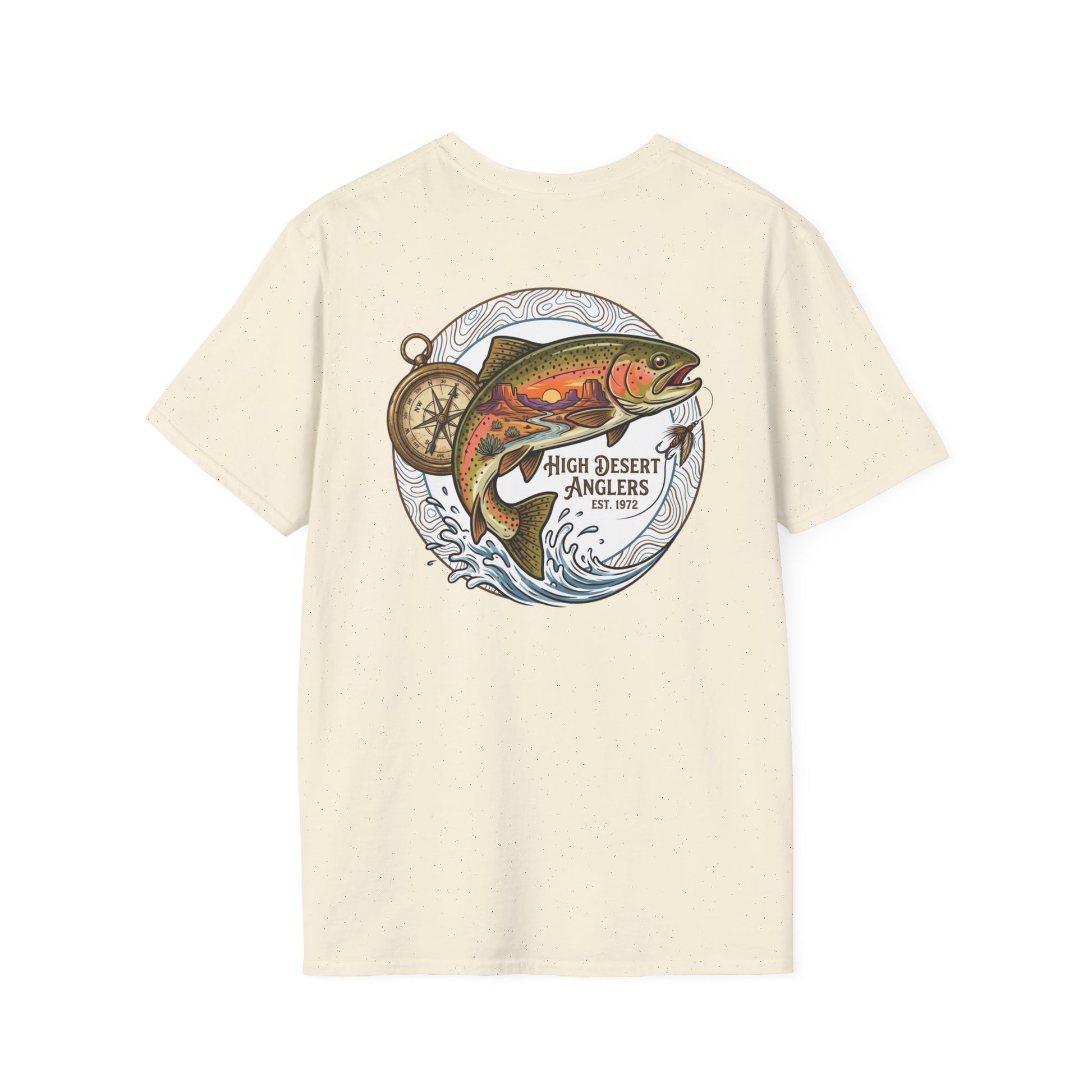 Beige t-shirt with a fish graphic and 'High Desert Anglers' text on a white background