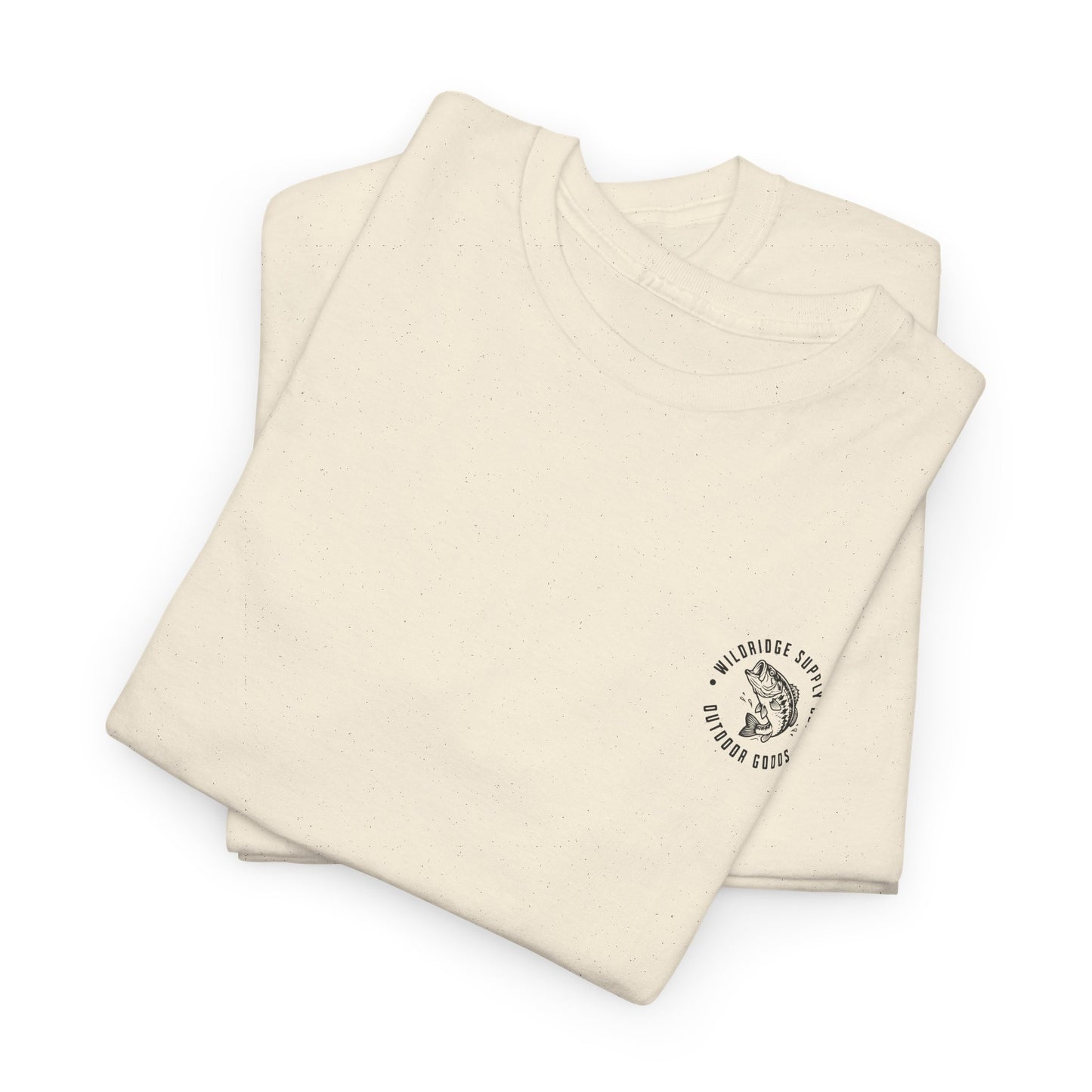 Folded beige shirt with a bass fishing logo on a white background