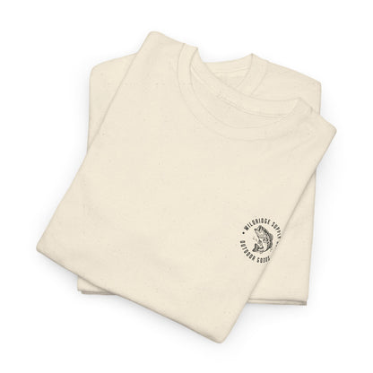 Folded beige shirt with a bass fishing logo on a white background