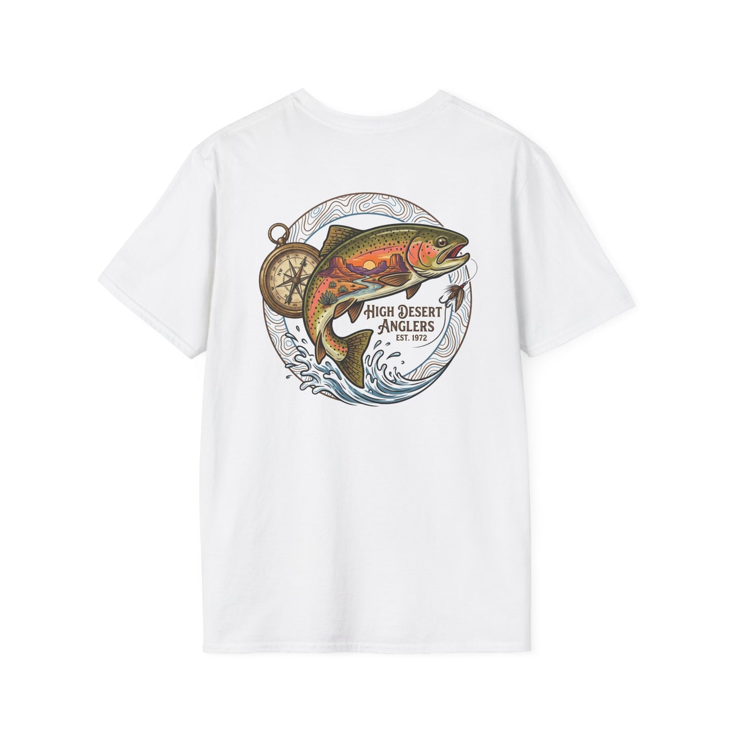 White t-shirt with a trout graphic and text on a white background