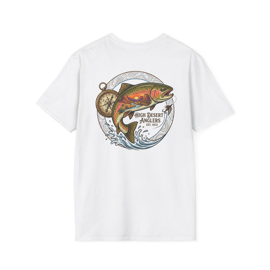 White t-shirt with a trout graphic and text on a white background