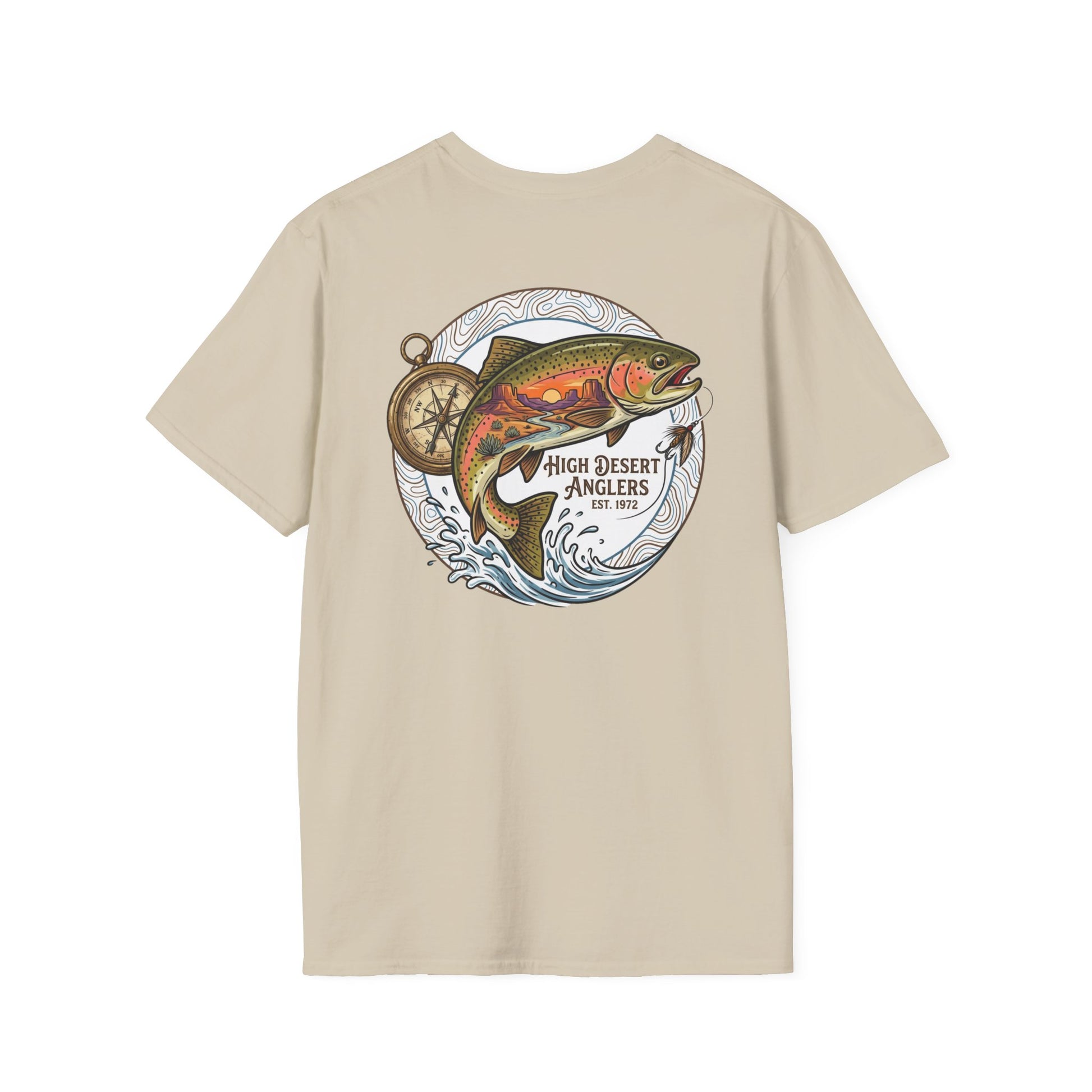 Beige t-shirt with a fish and compass design on a white background