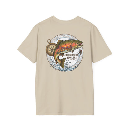 Beige t-shirt with a fish and compass design on a white background