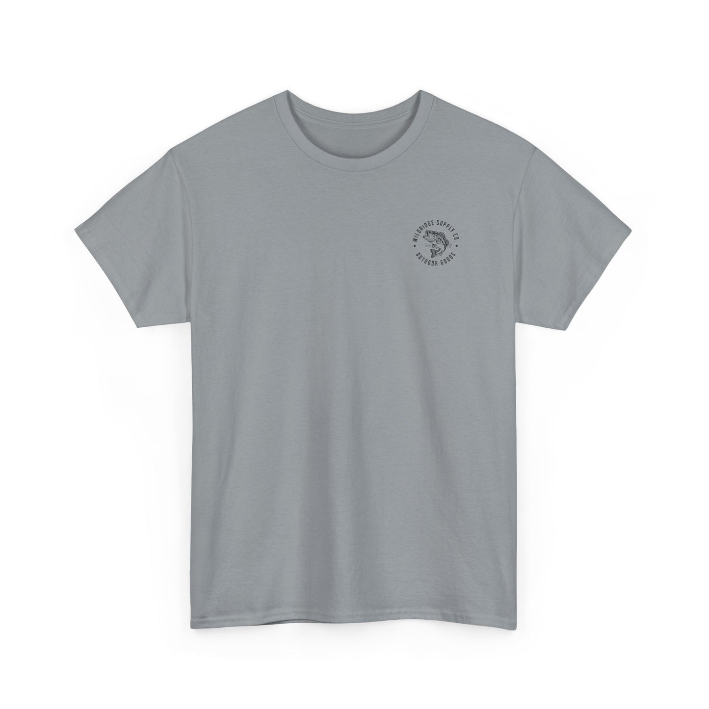 Gray t-shirt with a small logo on the chest against a white background