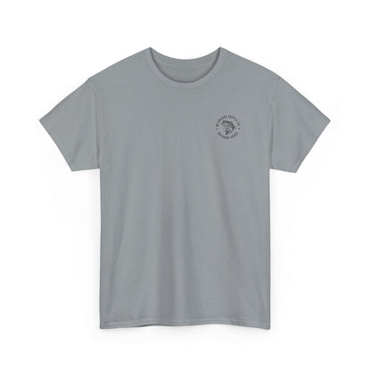 Gray t-shirt with a small logo on the chest against a white background