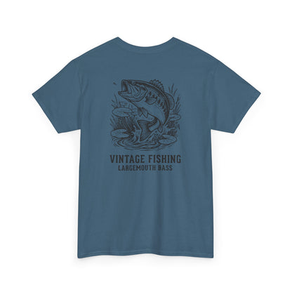 Blue t-shirt with largemouth bass graphic and 'Vintage Fishing' text on a white background
