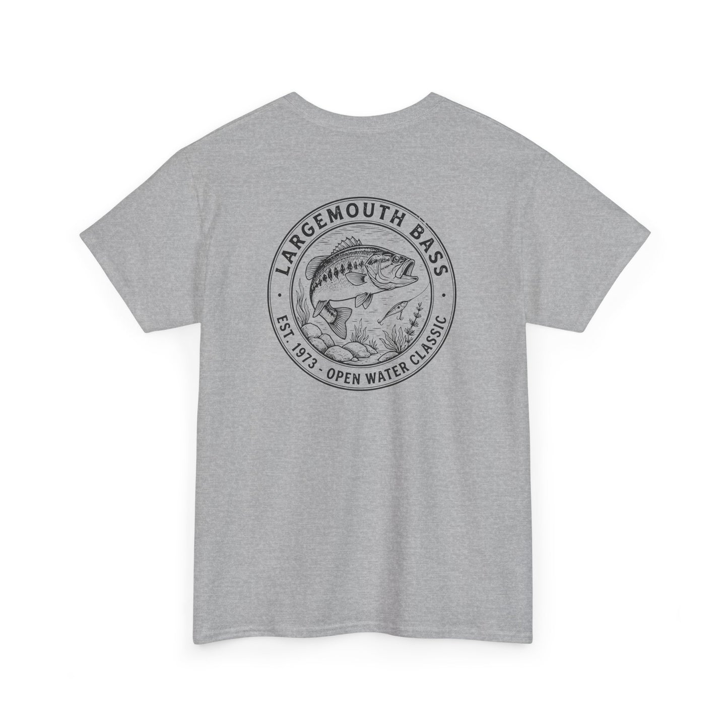 Gray t-shirt with largemouth bass graphic and text on a white background