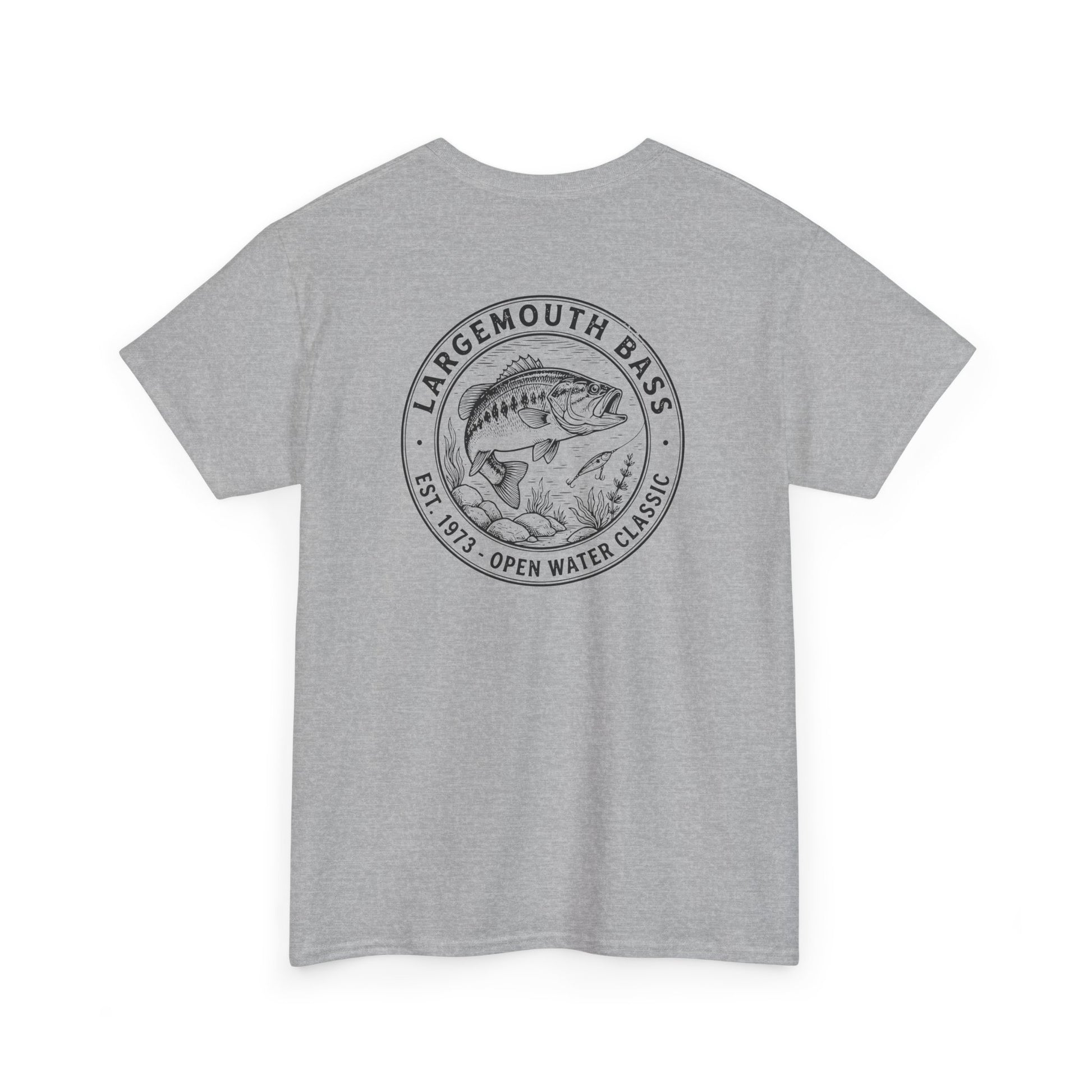 Gray t-shirt with largemouth bass graphic and text on a white background