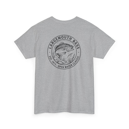 Gray t-shirt with largemouth bass graphic and text on a white background