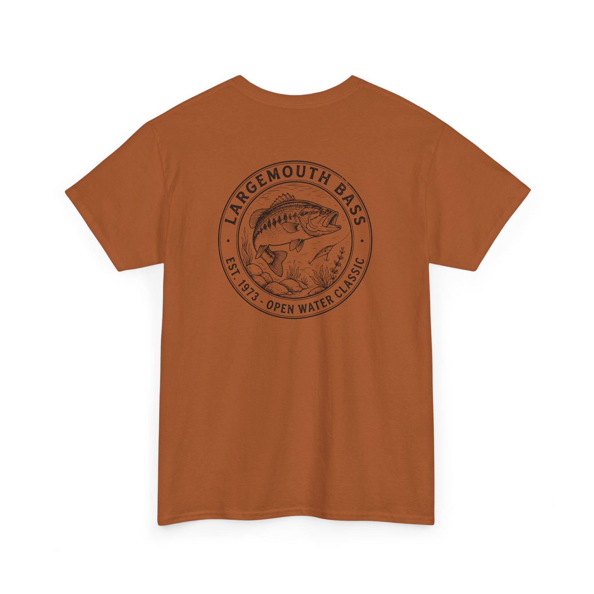 Brown t-shirt with largemouth bass graphic and text on a white background