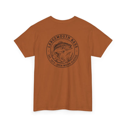 Brown t-shirt with largemouth bass graphic and text on a white background