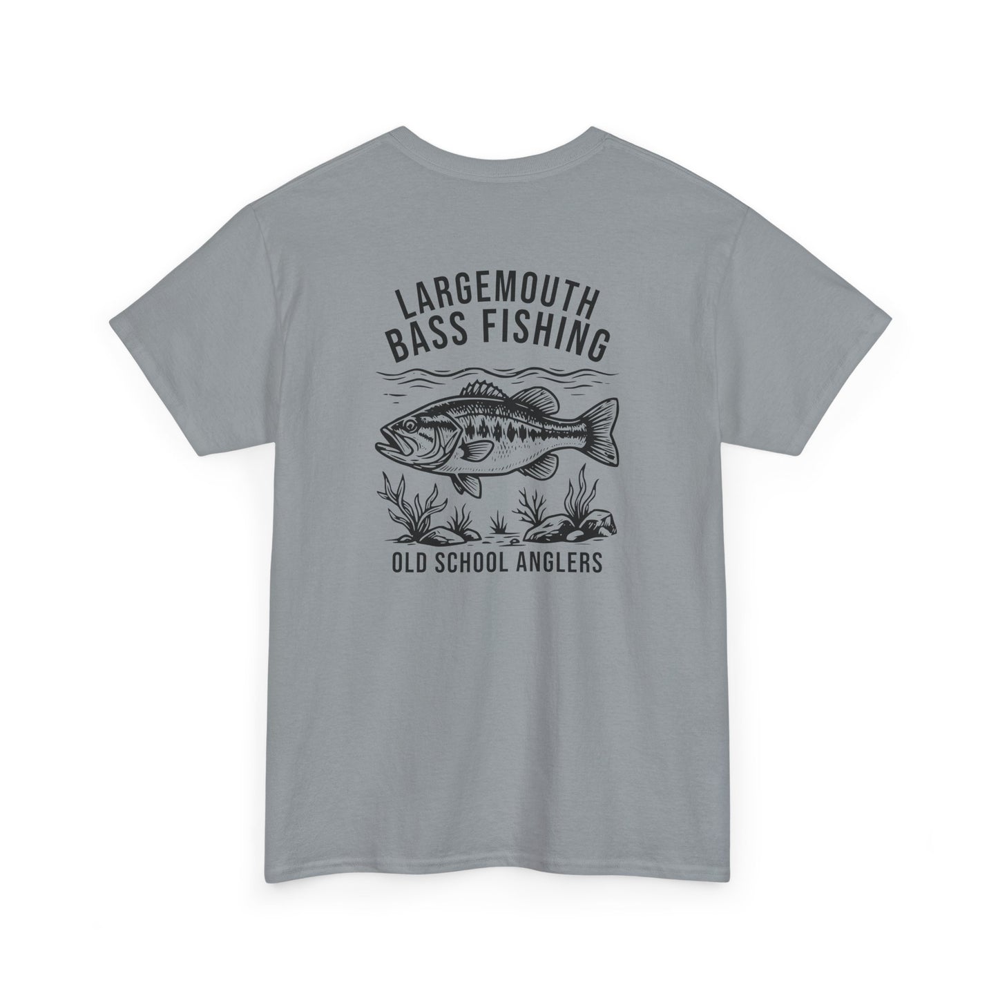 Gray t-shirt with largemouth bass fishing graphic and text on a white background