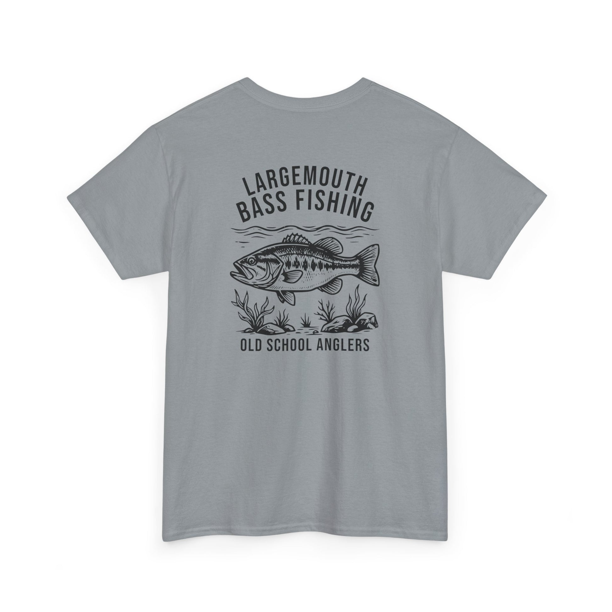 Gray t-shirt with largemouth bass fishing graphic and text on a white background