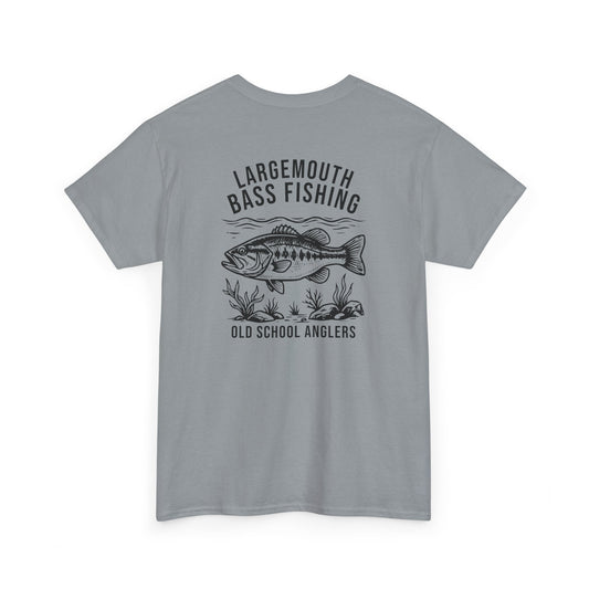 Gray t-shirt with largemouth bass fishing graphic and text on a white background