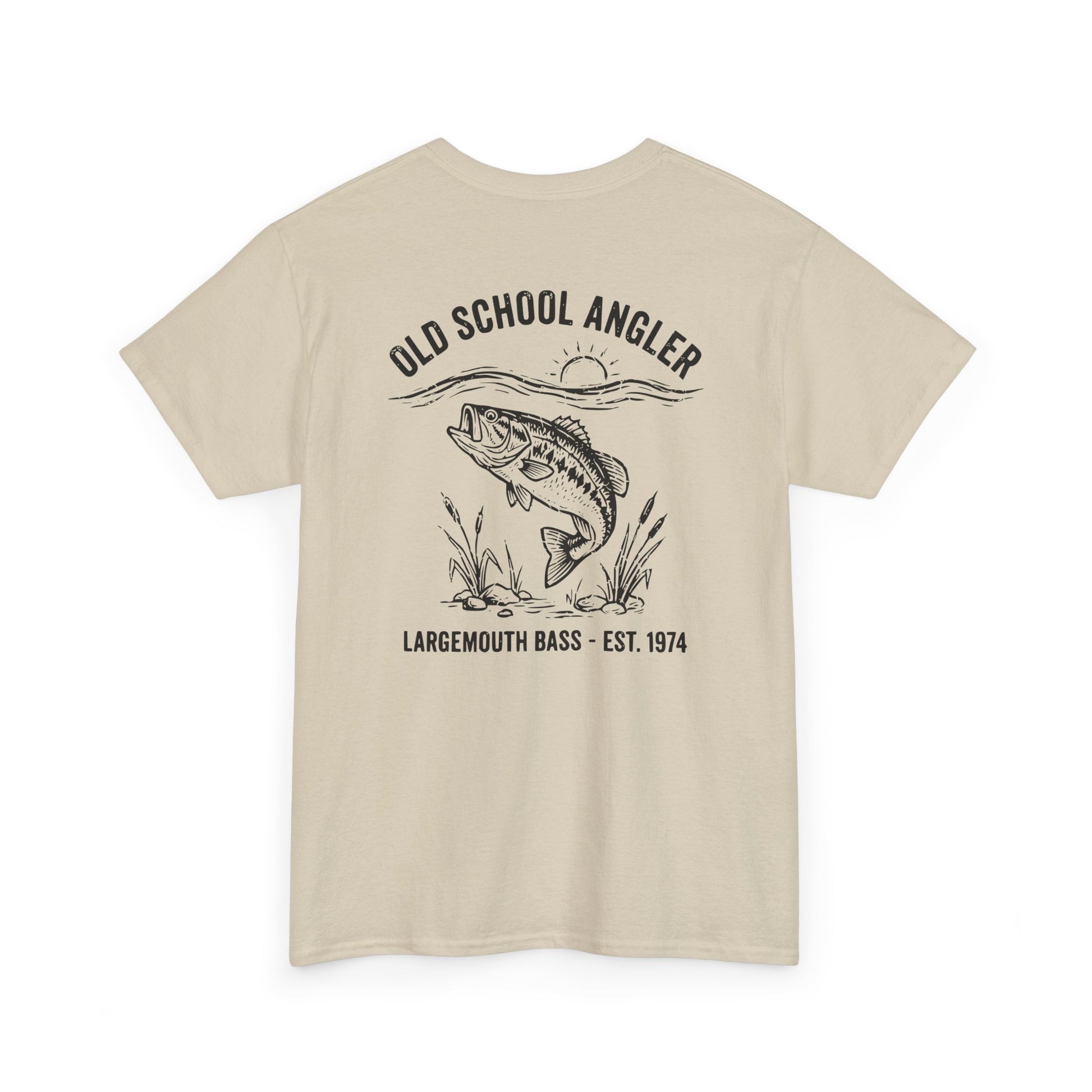 Beige t-shirt with bass fishing graphic and text on a white background