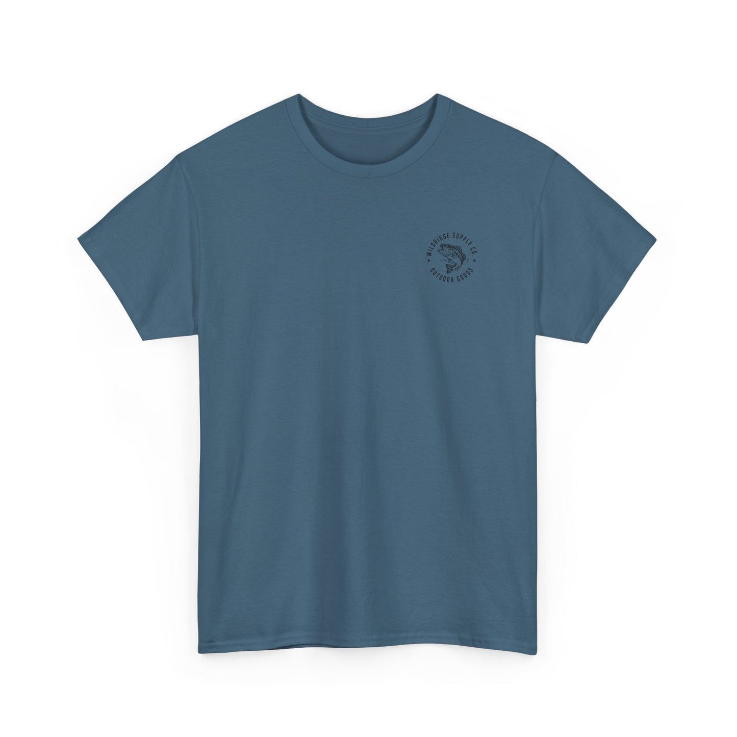 Blue t-shirt with a small logo on a white background