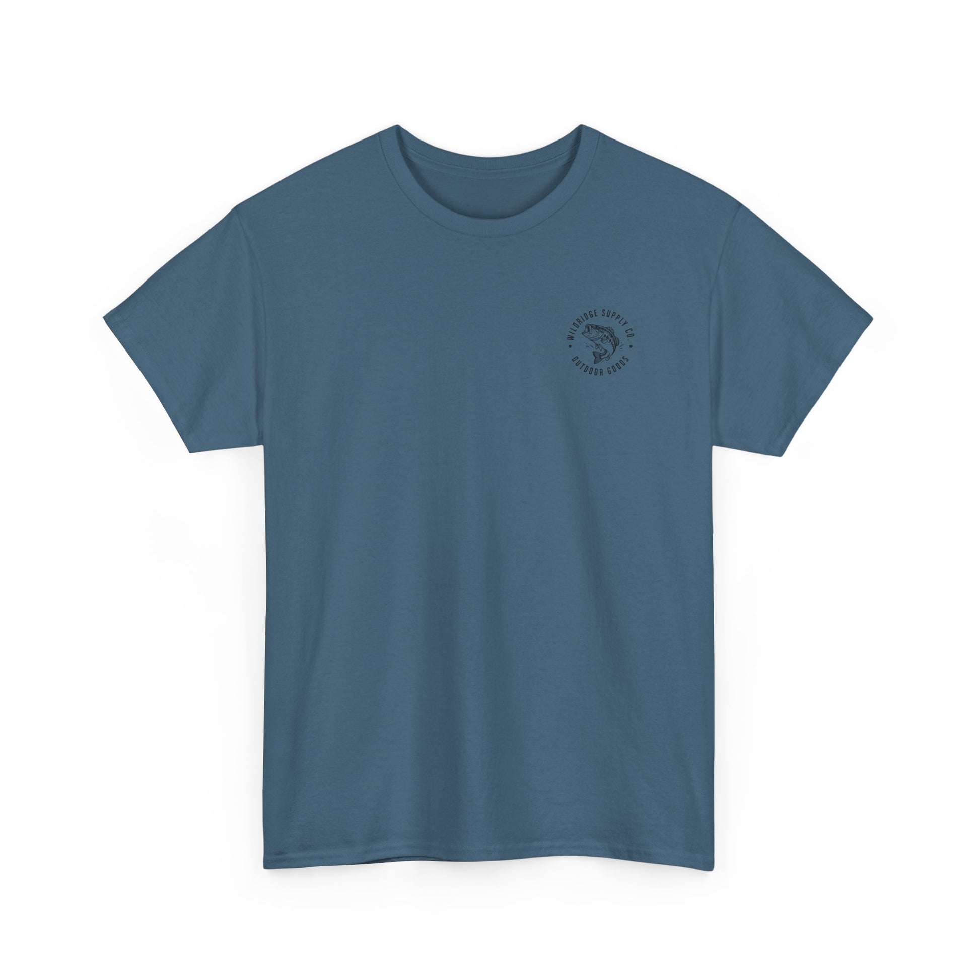 Blue t-shirt with a small logo on a white background