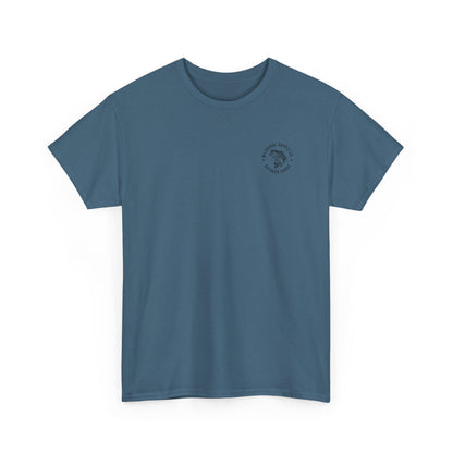 Blue t-shirt with a small logo on a white background