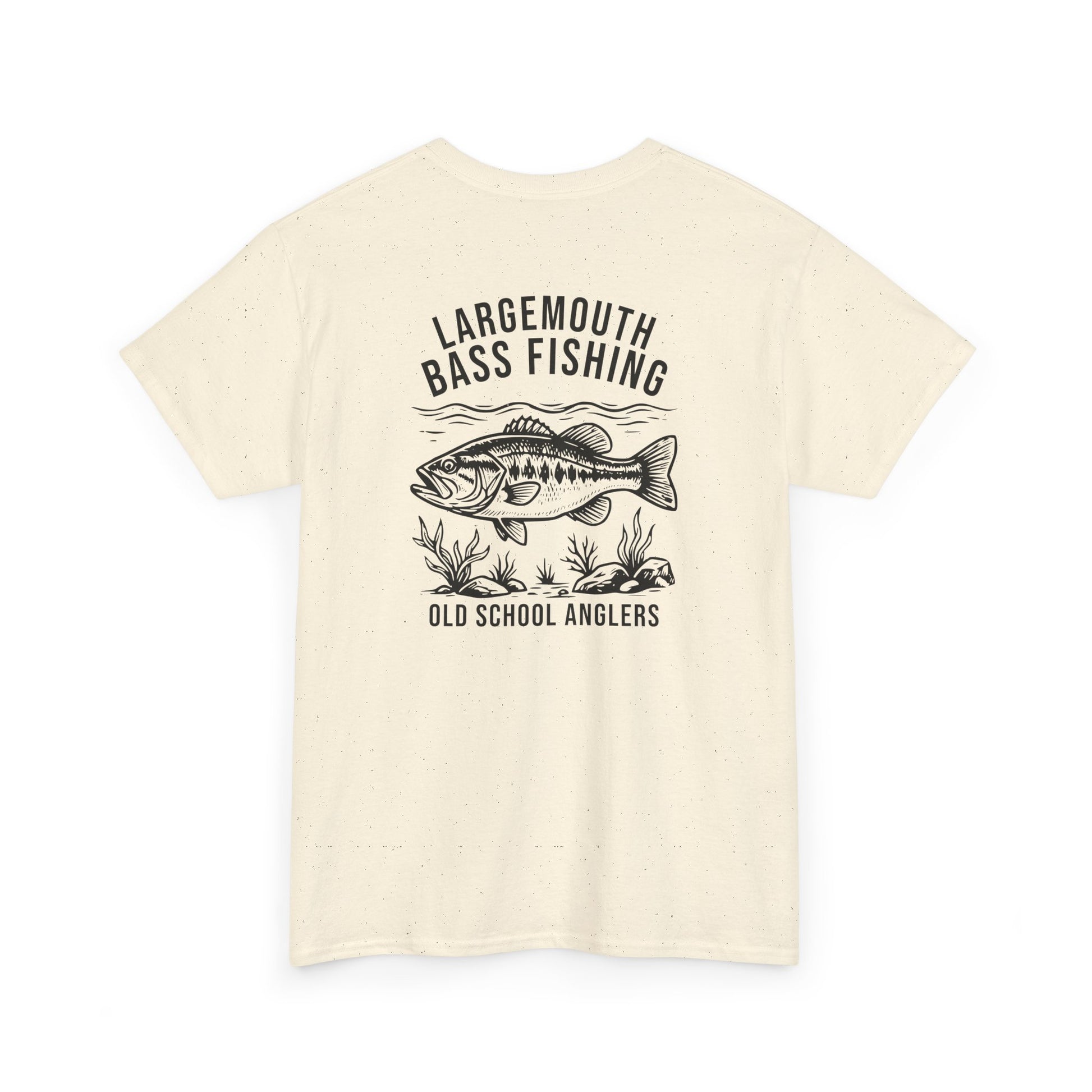 Beige t-shirt with bass fishing graphic and text on a white background