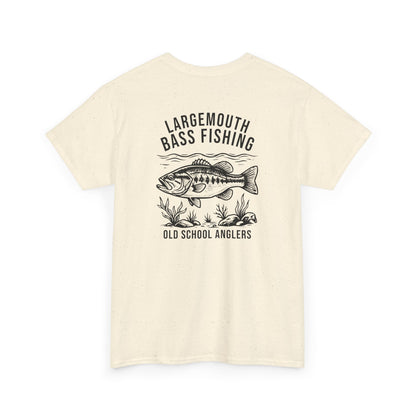 Beige t-shirt with bass fishing graphic and text on a white background