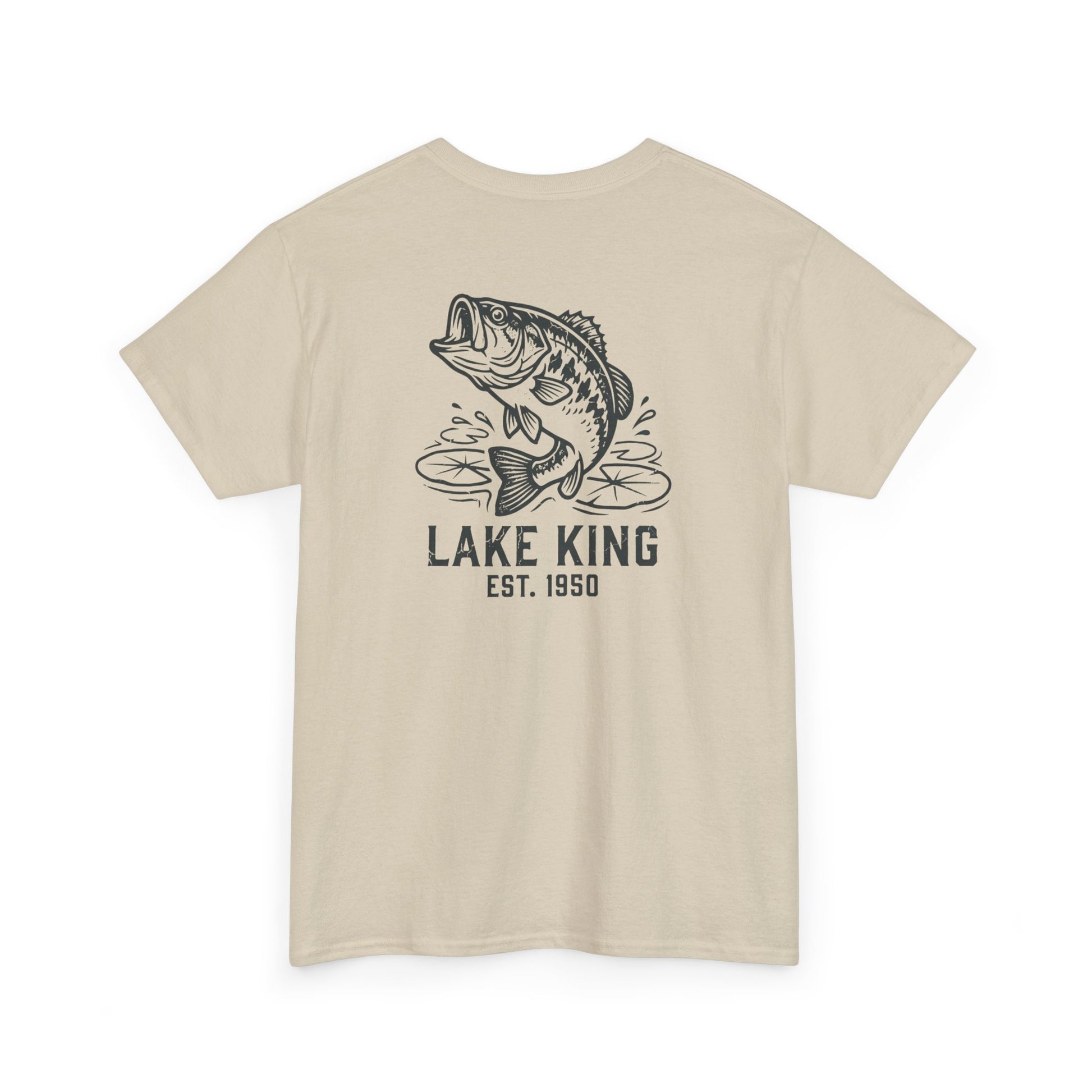 Beige t-shirt with a bass fish graphic and 'Lake King' text on a white background