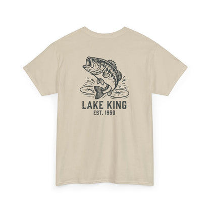 Beige t-shirt with a bass fish graphic and 'Lake King' text on a white background