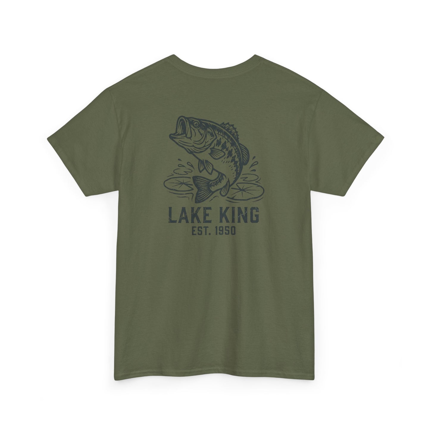 Green t-shirt with a bass graphic and 'Lake King' text on a white background