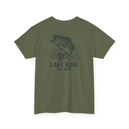 Green t-shirt with a bass graphic and 'Lake King' text on a white background