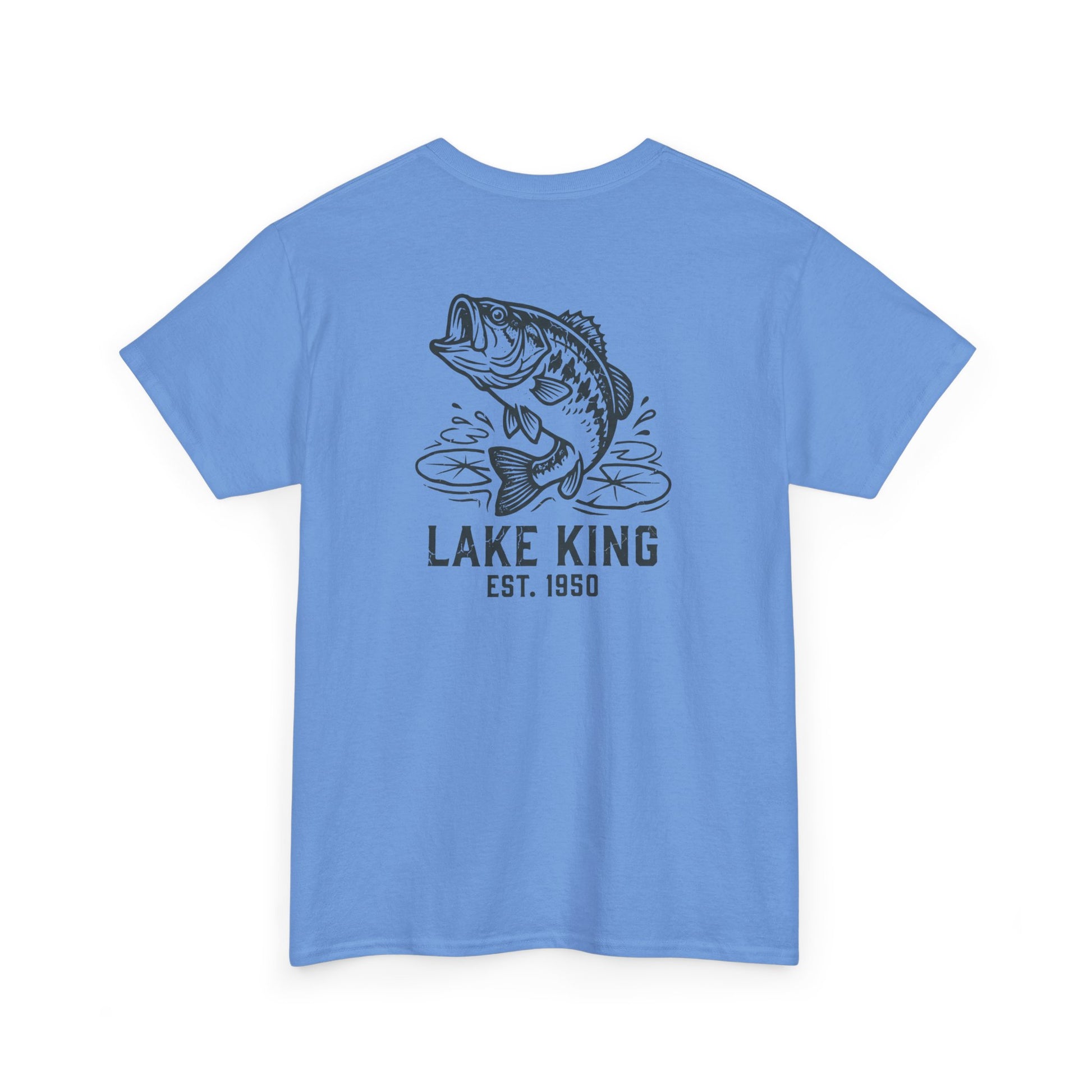 Light blue t-shirt with a fish graphic and 'Lake King' text on a white background