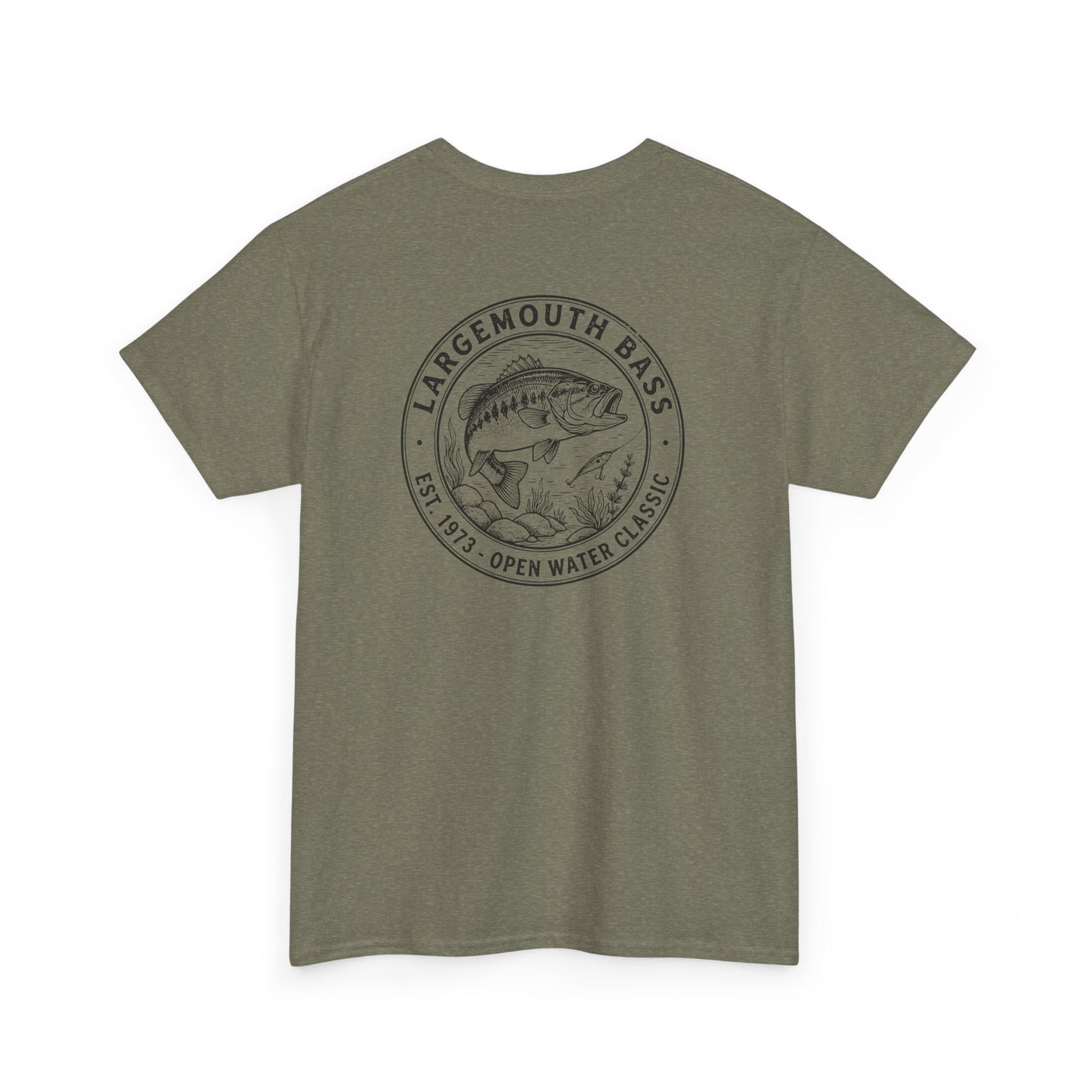 Green t-shirt with largemouth bass graphic and text on a white background