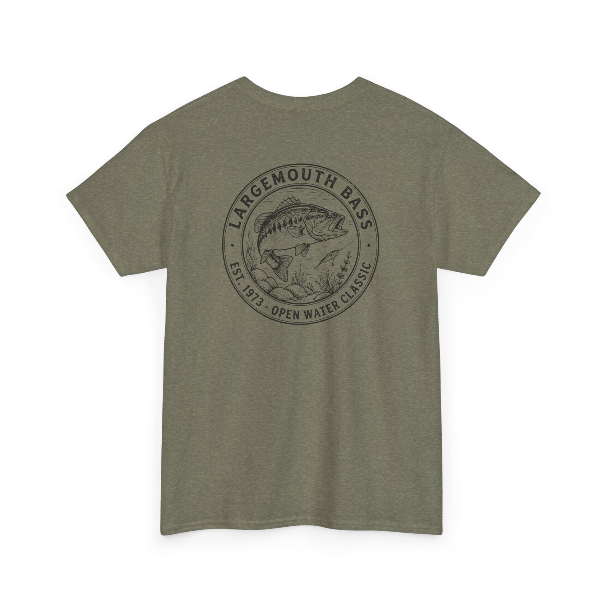 Green t-shirt with largemouth bass graphic and text on a white background