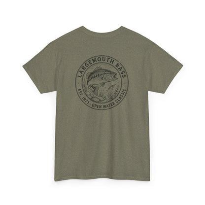 Green t-shirt with largemouth bass graphic and text on a white background