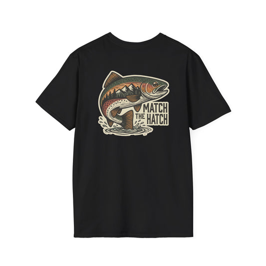 Black t-shirt with a fish graphic and 'Match the Hatch' text on a white background