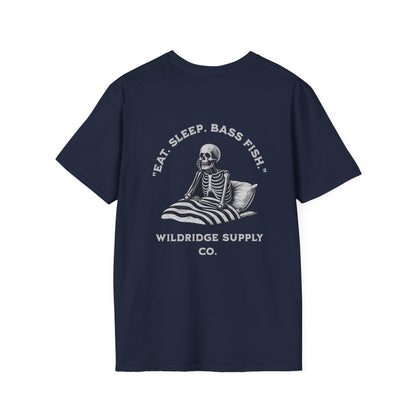skeleton angler graphic on bass fishing t-shirt