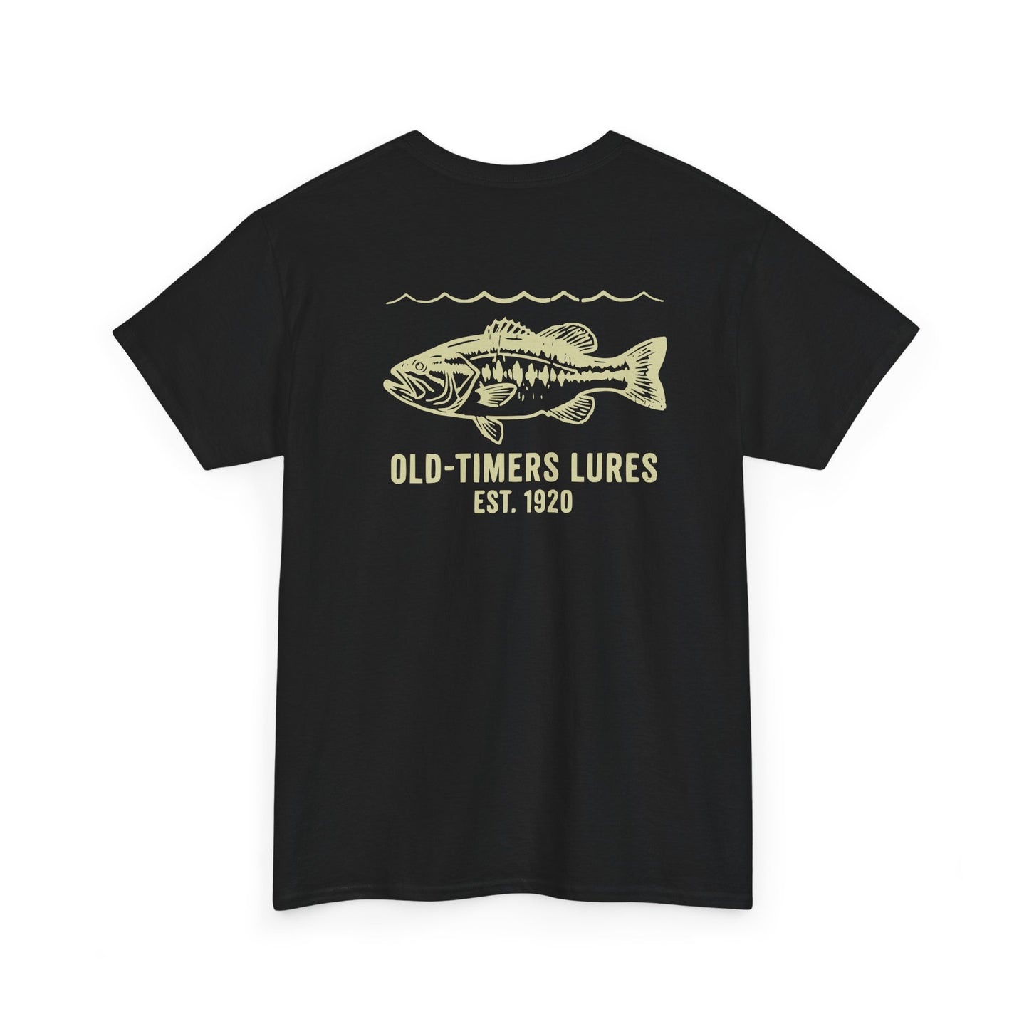 Black t-shirt with a fish graphic and text on the back against a white background
