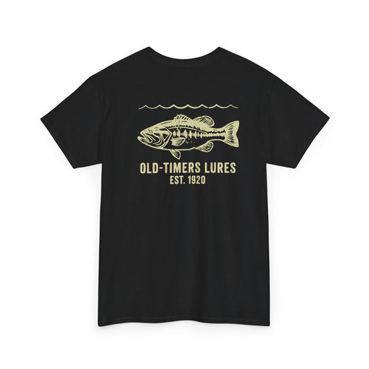 Black t-shirt with a fish graphic and text on the back against a white background