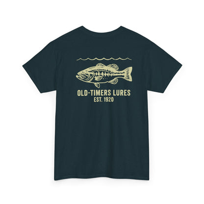  t-shirt with bass fish graphic and text on a white background