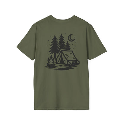 Wildridge Supply Co. camping tee with vintage tent graphic - detail view