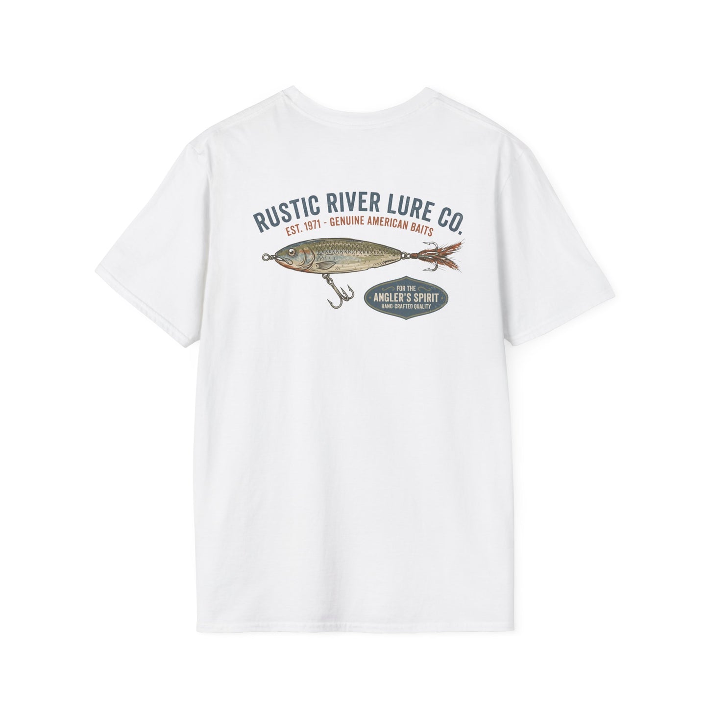 Rustic River Lure Co trout fishing t-shirt with vintage lure back graphic