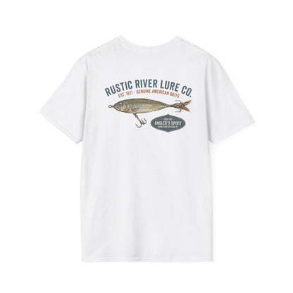 Rustic River Lure Co trout fishing t-shirt with vintage lure back graphic