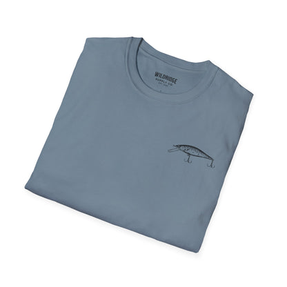 Folded green t-shirt with small fishing lure logo graphic