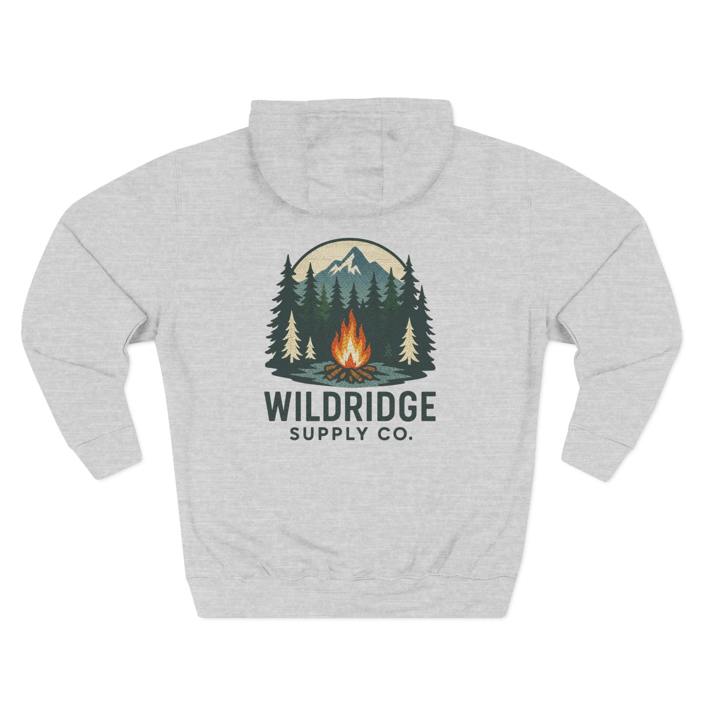 Gray hoodie with Wildridge Supply Co. logo featuring a campfire and trees on a white background