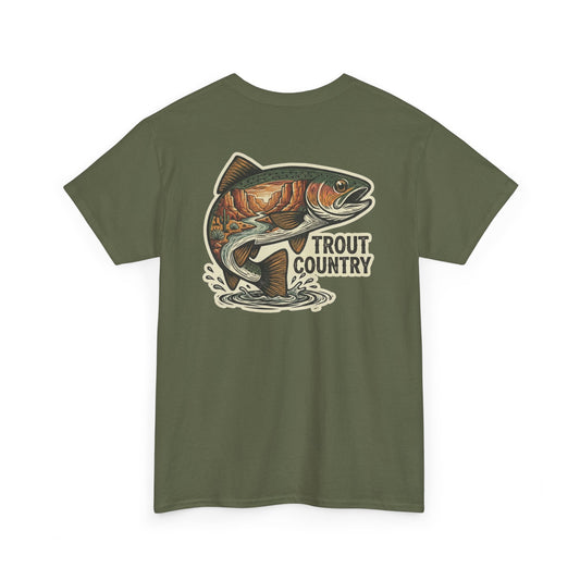 Green t-shirt with a fish graphic and 'Trout Country' text on a white background